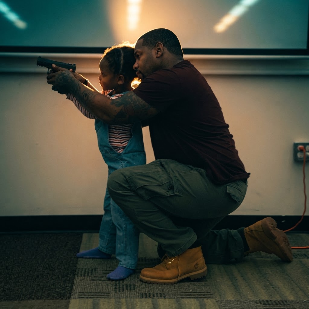 Instructor kneeling beside a young child, guiding a safe two-hand grip and stance