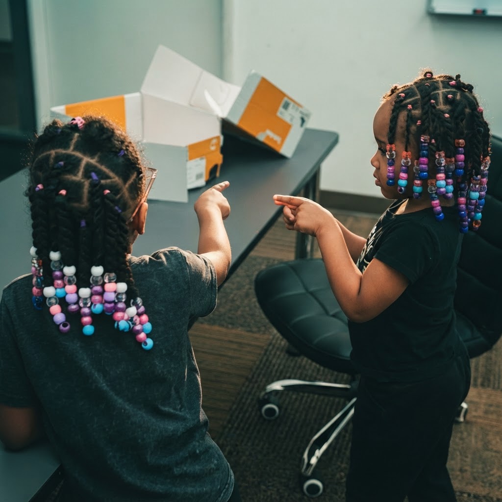 Two young students practicing safe finger-direction awareness during a classroom session